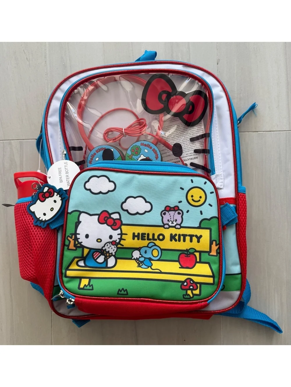 Hello Kitty 4 Piece Backpack Set with Lunch Bag, Headphones, & Water Bottle